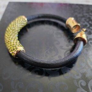 JOAN BOYCE BLACK LEATHER WITH GREEN SWAROVSKI CRYSTAL ACCENT BRACELET